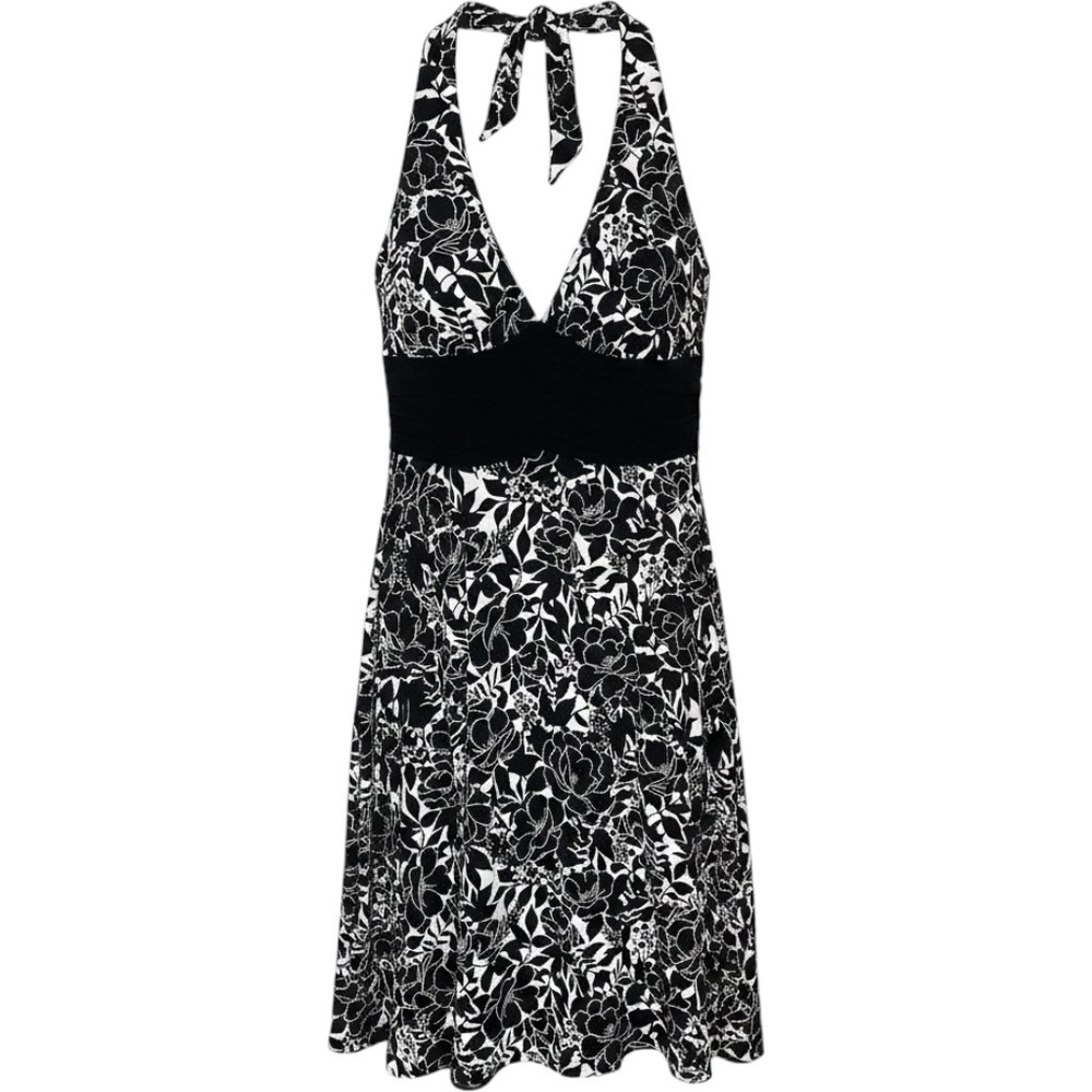 Black White Floral Halter Y2K Dress Ruched Babydoll y2k Mesh Trim S Fairy Grunge